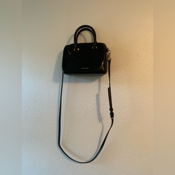 Calvin Klein Black Ashley Black Mini Satchel Purse Hand Bag Duffel Embossed Logo - Picture 3 of 10